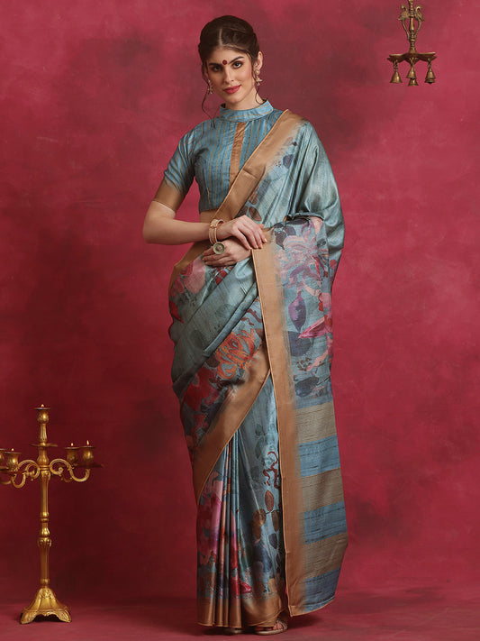 Women's Cotton Blend Blue Printed Designer Saree With Blouse Piece