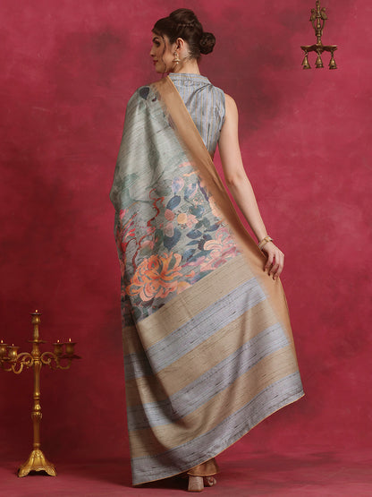 Women's Cotton Blend Grey Printed Designer Saree With Blouse Piece