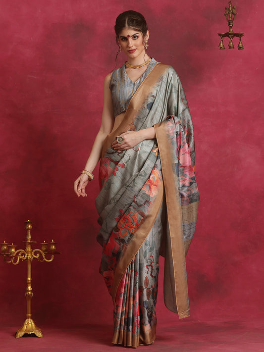 Women's Cotton Blend Grey Printed Designer Saree With Blouse Piece