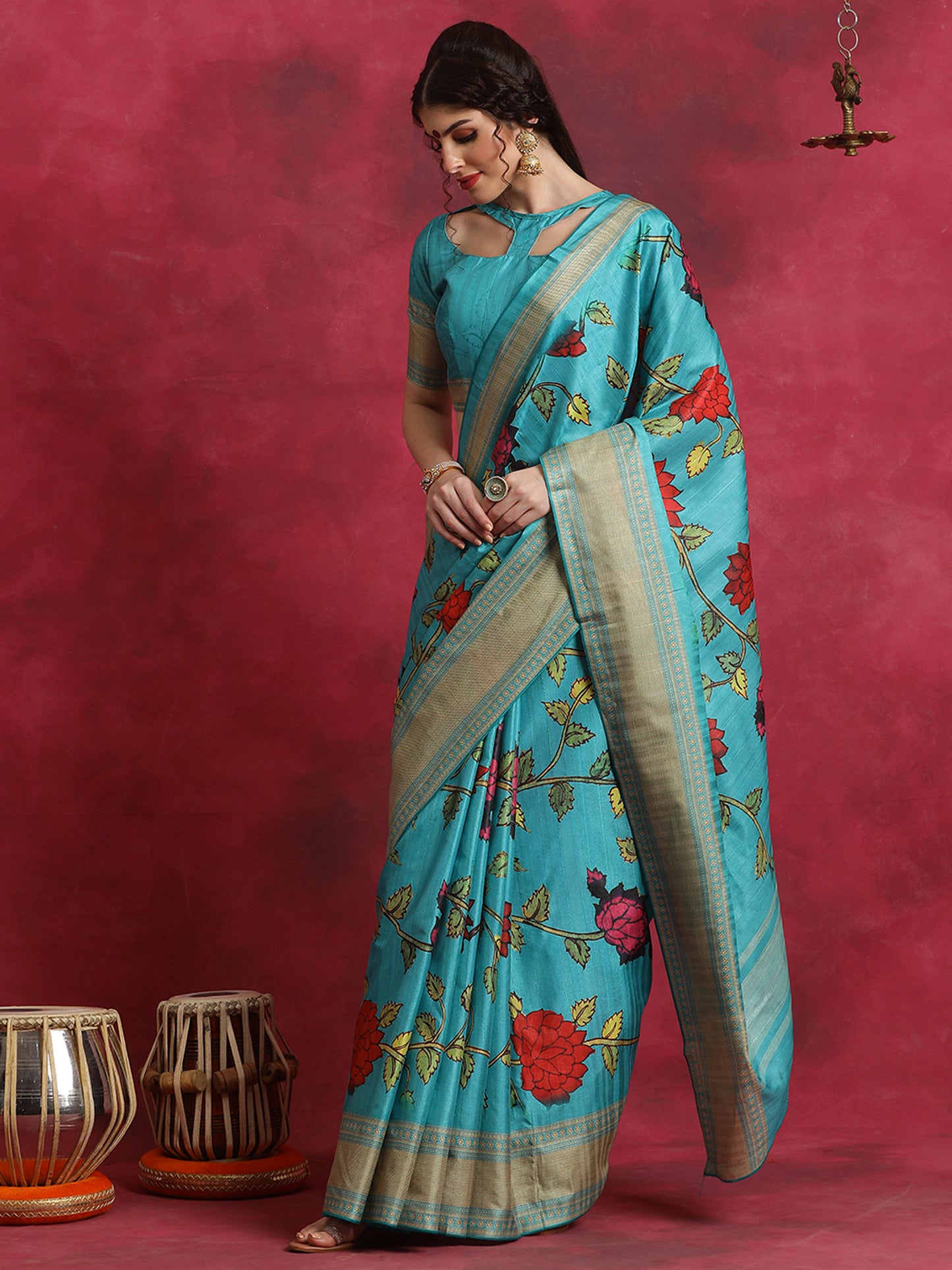 Women's Cotton Blend Blue Printed Designer Saree With Blouse Piece