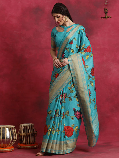 Women's Cotton Blend Blue Printed Designer Saree With Blouse Piece