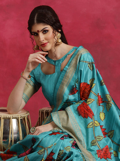 Women's Cotton Blend Blue Printed Designer Saree With Blouse Piece