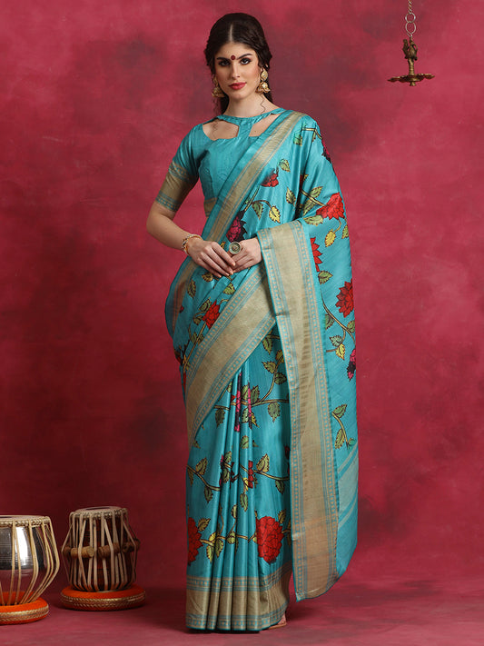 Women's Cotton Blend Blue Printed Designer Saree With Blouse Piece
