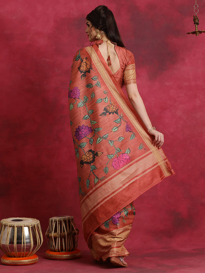 Women's Cotton Blend Rust Printed Designer Saree With Blouse Piece