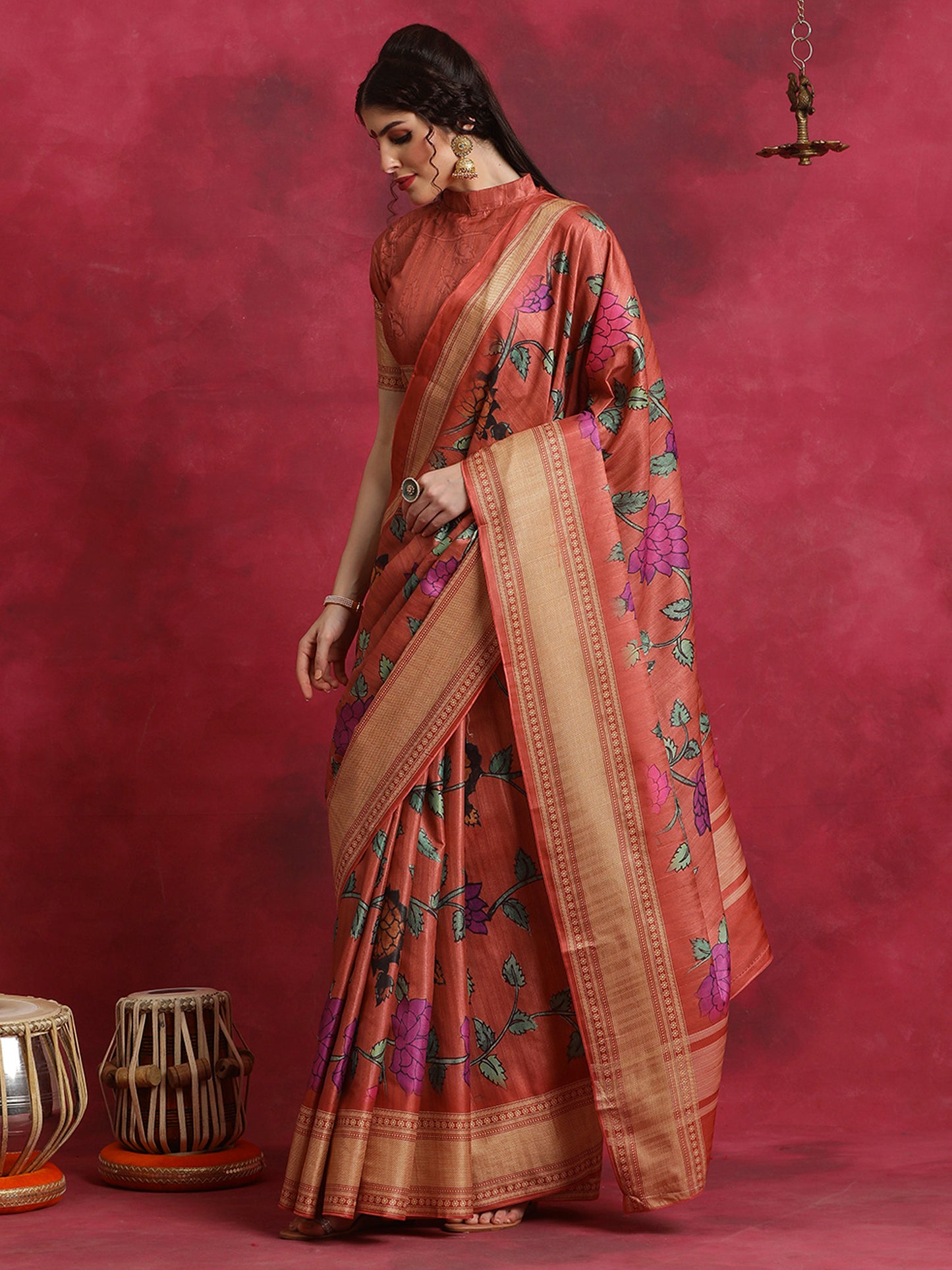 Women's Cotton Blend Rust Printed Designer Saree With Blouse Piece