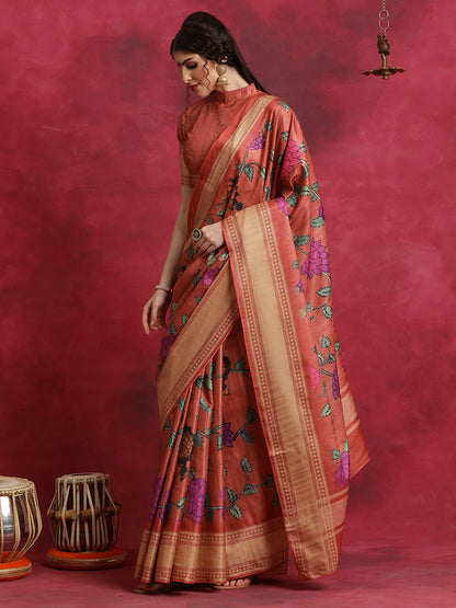 Women's Cotton Blend Rust Printed Designer Saree With Blouse Piece