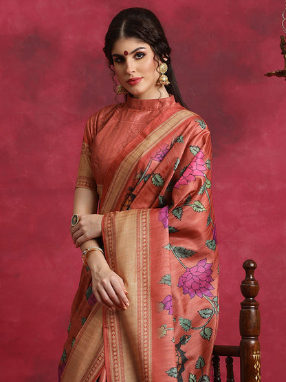 Women's Cotton Blend Rust Printed Designer Saree With Blouse Piece