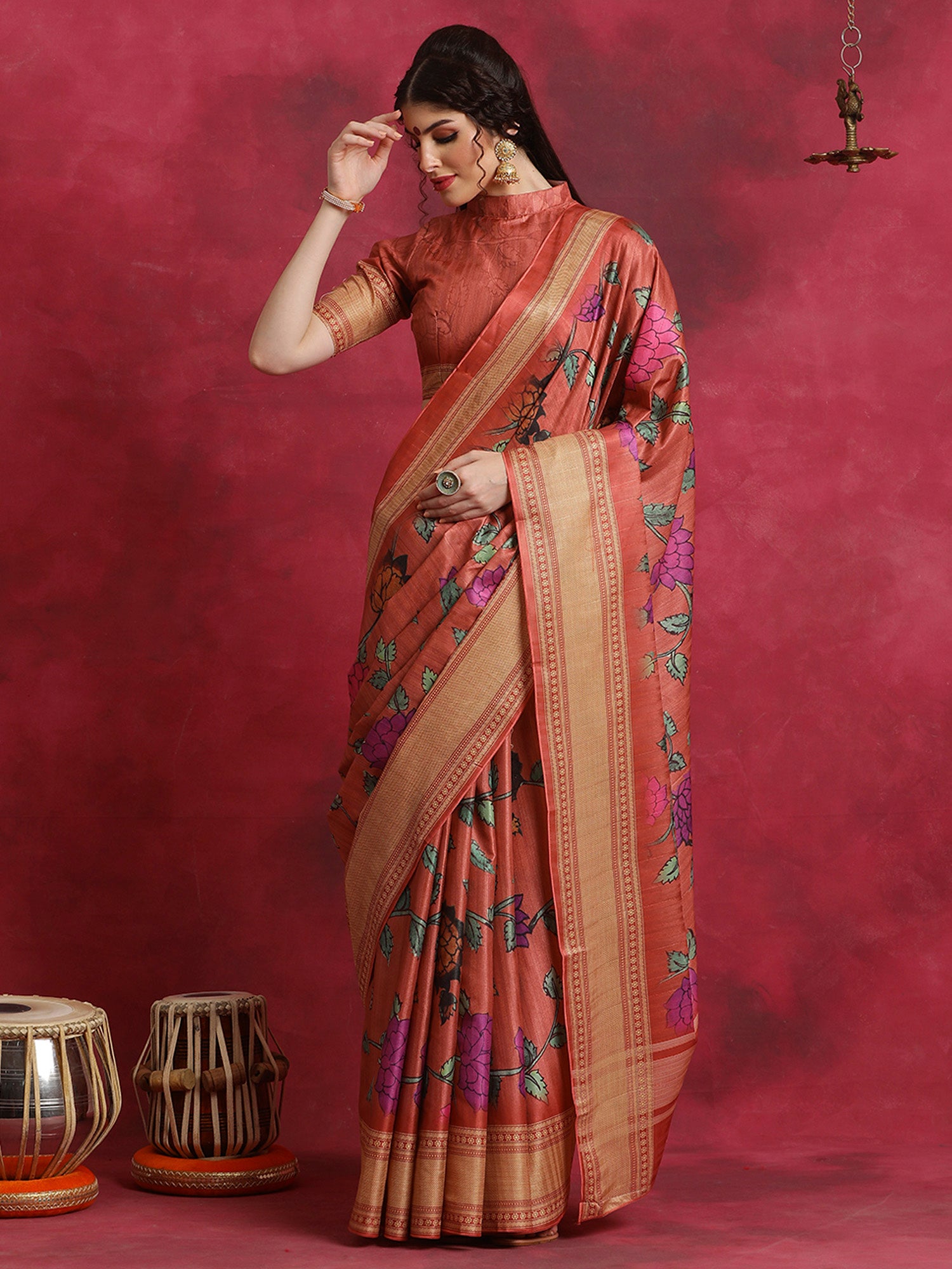 Women's Cotton Blend Rust Printed Designer Saree With Blouse Piece