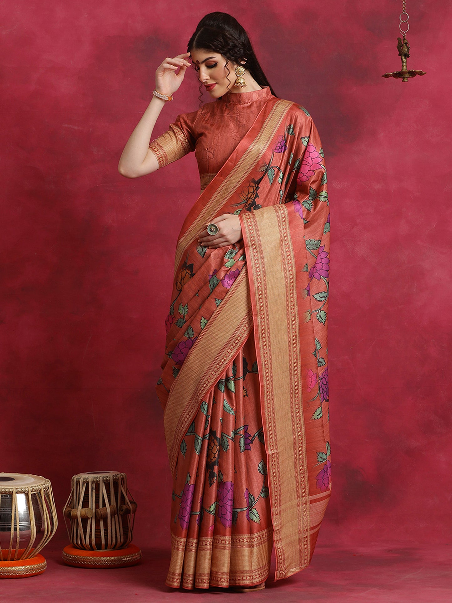 Women's Cotton Blend Rust Printed Designer Saree With Blouse Piece