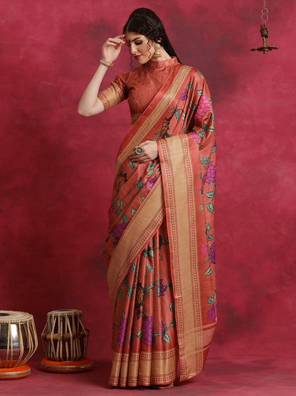 Women's Cotton Blend Rust Printed Designer Saree With Blouse Piece