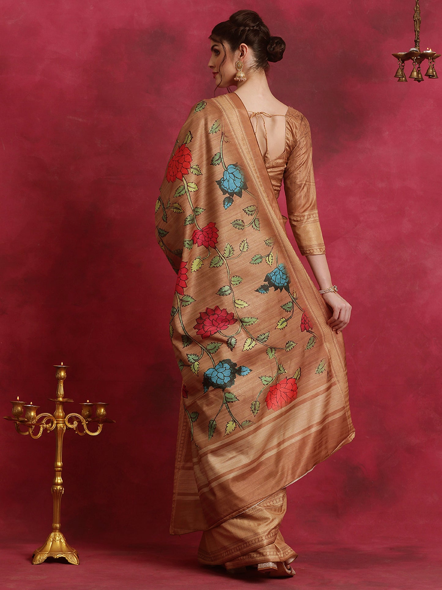 Women's Cotton Blend Brown Printed Designer Saree With Blouse Piece