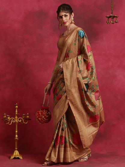 Women's Cotton Blend Brown Printed Designer Saree With Blouse Piece