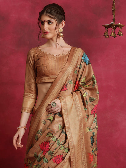 Women's Cotton Blend Brown Printed Designer Saree With Blouse Piece