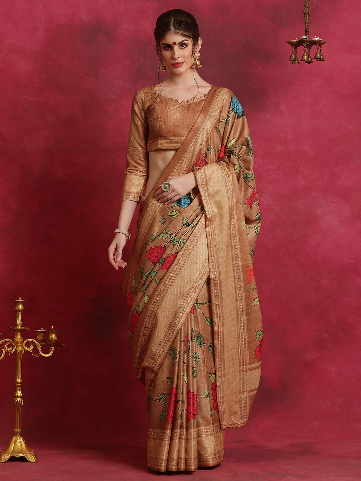 Women's Cotton Blend Brown Printed Designer Saree With Blouse Piece