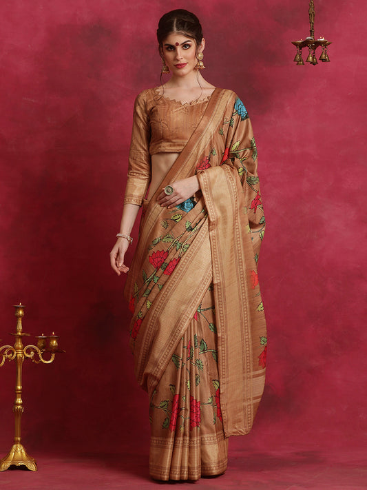 Women's Cotton Blend Brown Printed Designer Saree With Blouse Piece