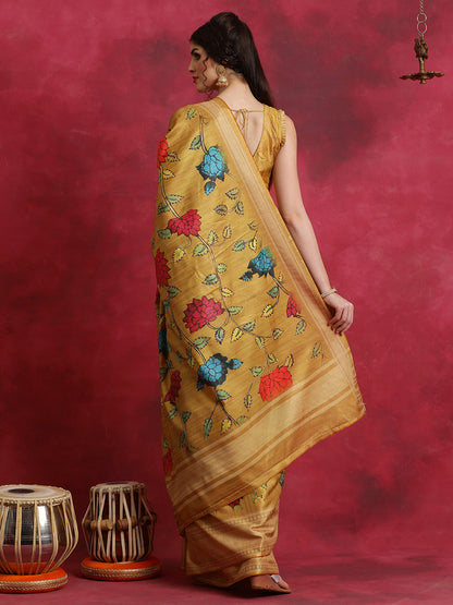 Women's Cotton Blend Mustard Printed Designer Saree With Blouse Piece