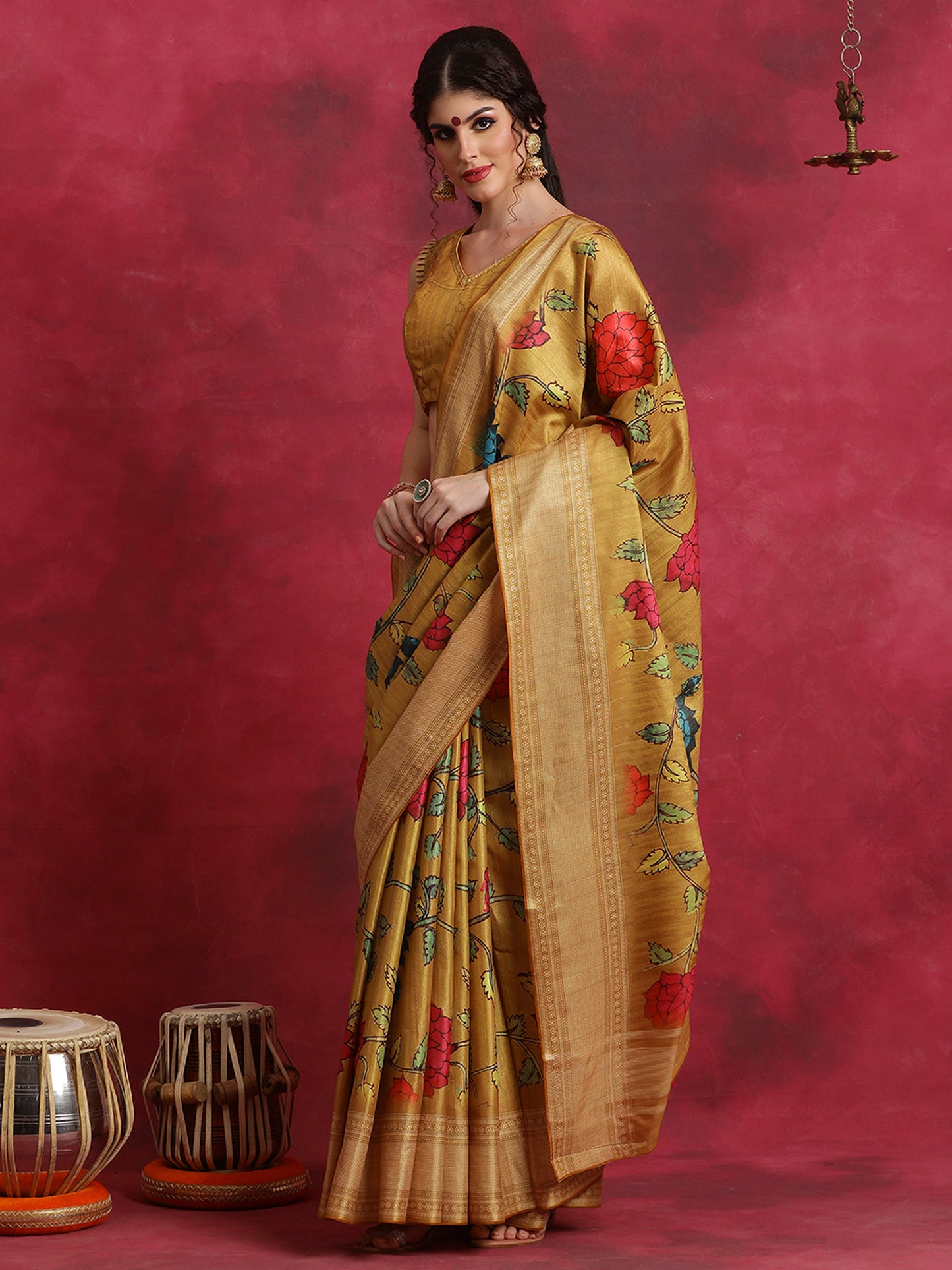 Women's Cotton Blend Mustard Printed Designer Saree With Blouse Piece
