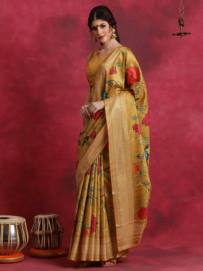 Women's Cotton Blend Mustard Printed Designer Saree With Blouse Piece