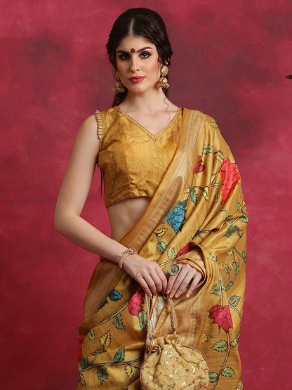 Women's Cotton Blend Mustard Printed Designer Saree With Blouse Piece