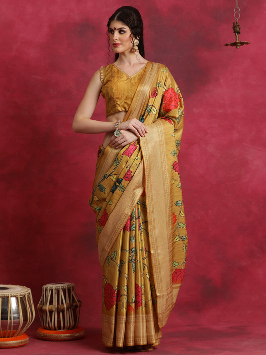 Women's Cotton Blend Mustard Printed Designer Saree With Blouse Piece