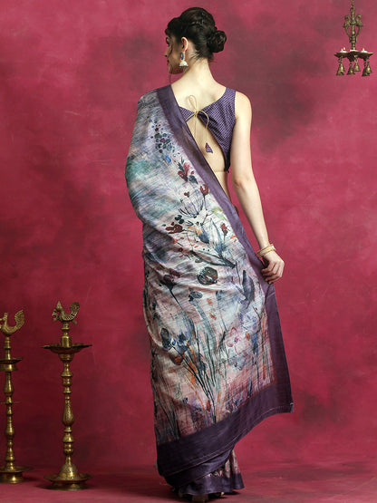 Women's Cotton Blend Violet Printed Designer Saree With Blouse Piece