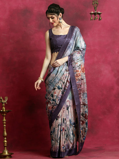 Women's Cotton Blend Violet Printed Designer Saree With Blouse Piece