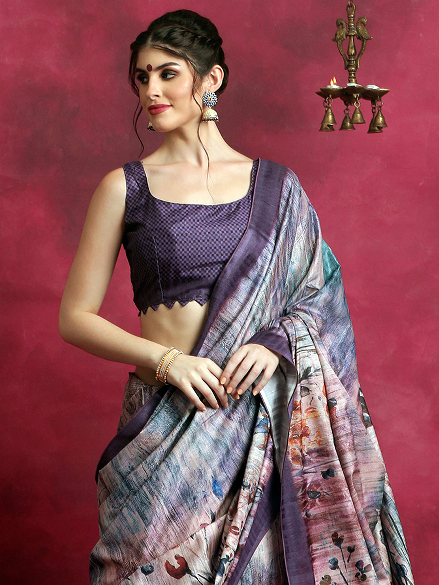 Women's Cotton Blend Violet Printed Designer Saree With Blouse Piece