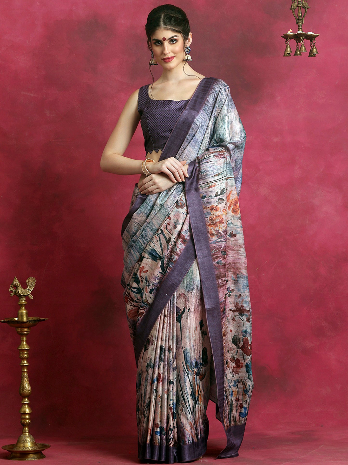 Women's Cotton Blend Violet Printed Designer Saree With Blouse Piece