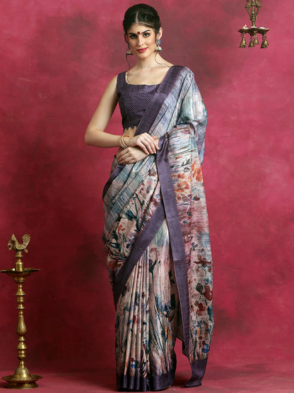 Women's Cotton Blend Violet Printed Designer Saree With Blouse Piece