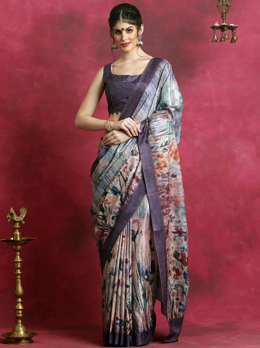 Women's Cotton Blend Violet Printed Designer Saree With Blouse Piece