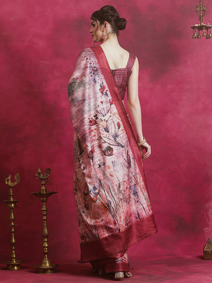 Women's Cotton Blend Multicolored Printed Designer Saree With Blouse Piece