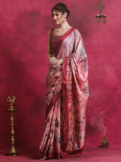 Women's Cotton Blend Multicolored Printed Designer Saree With Blouse Piece