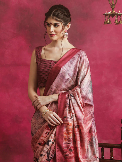 Women's Cotton Blend Multicolored Printed Designer Saree With Blouse Piece