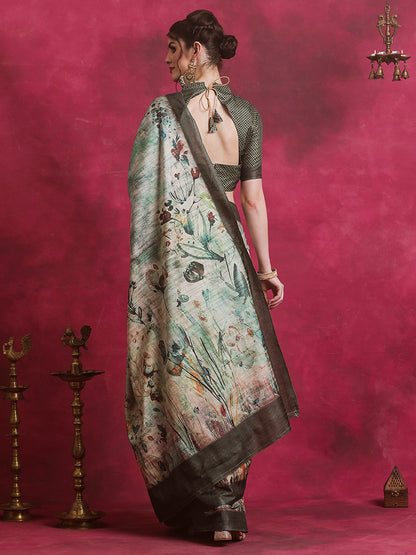 Women's Cotton Blend Sea Green Printed Designer Saree With Blouse Piece