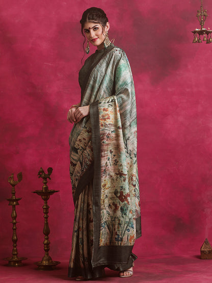 Women's Cotton Blend Sea Green Printed Designer Saree With Blouse Piece