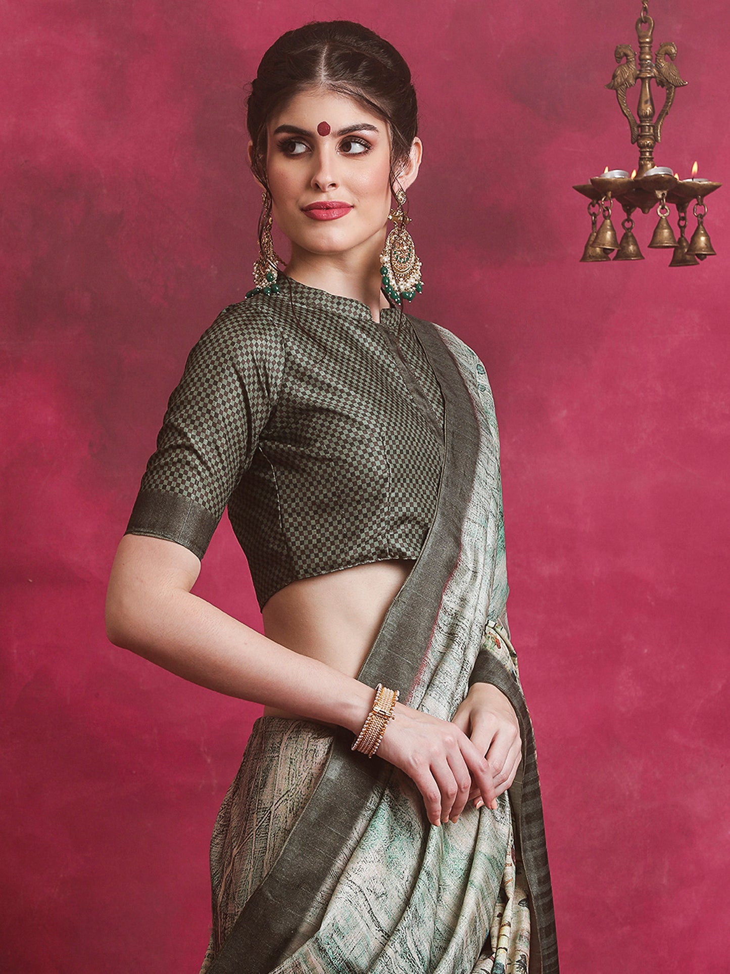 Women's Cotton Blend Sea Green Printed Designer Saree With Blouse Piece