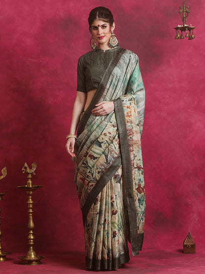 Women's Cotton Blend Sea Green Printed Designer Saree With Blouse Piece