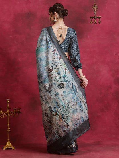 Women's Cotton Blend Grey Printed Designer Saree With Blouse Piece