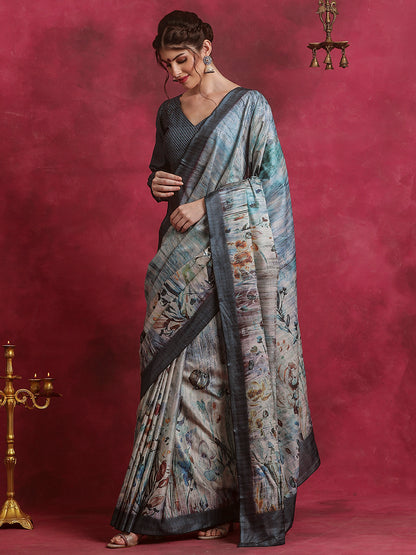 Women's Cotton Blend Grey Printed Designer Saree With Blouse Piece