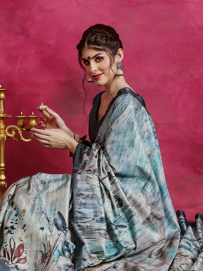 Women's Cotton Blend Grey Printed Designer Saree With Blouse Piece