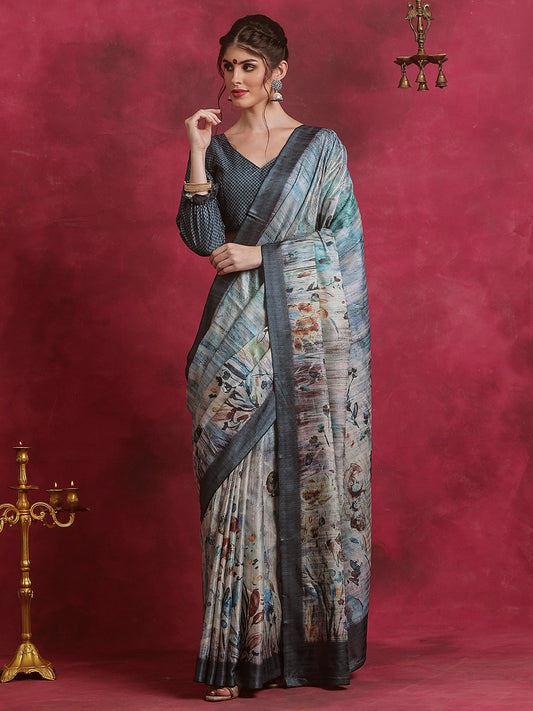 Women's Cotton Blend Grey Printed Designer Saree With Blouse Piece