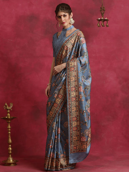 Women's Cotton Blend Grey Printed Designer Saree With Blouse Piece