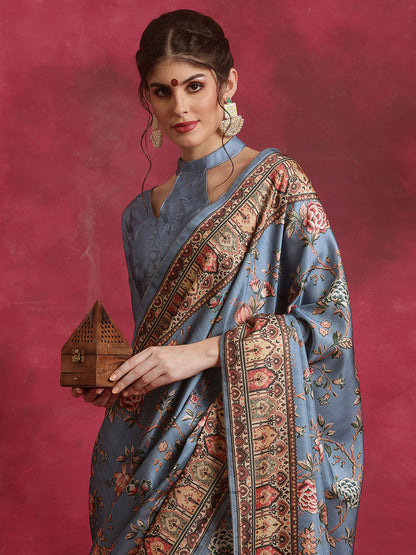 Women's Cotton Blend Grey Printed Designer Saree With Blouse Piece