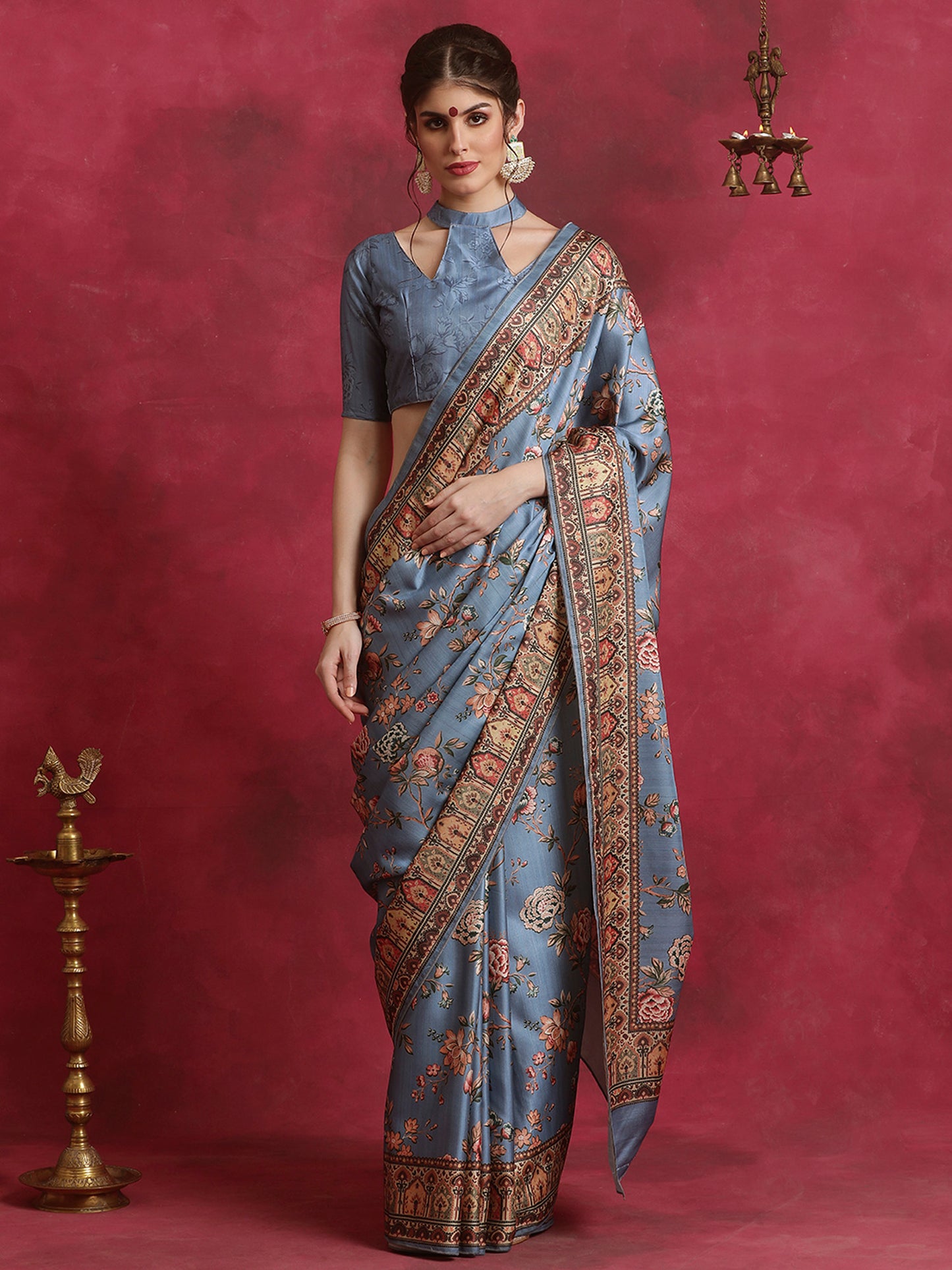 Women's Cotton Blend Grey Printed Designer Saree With Blouse Piece