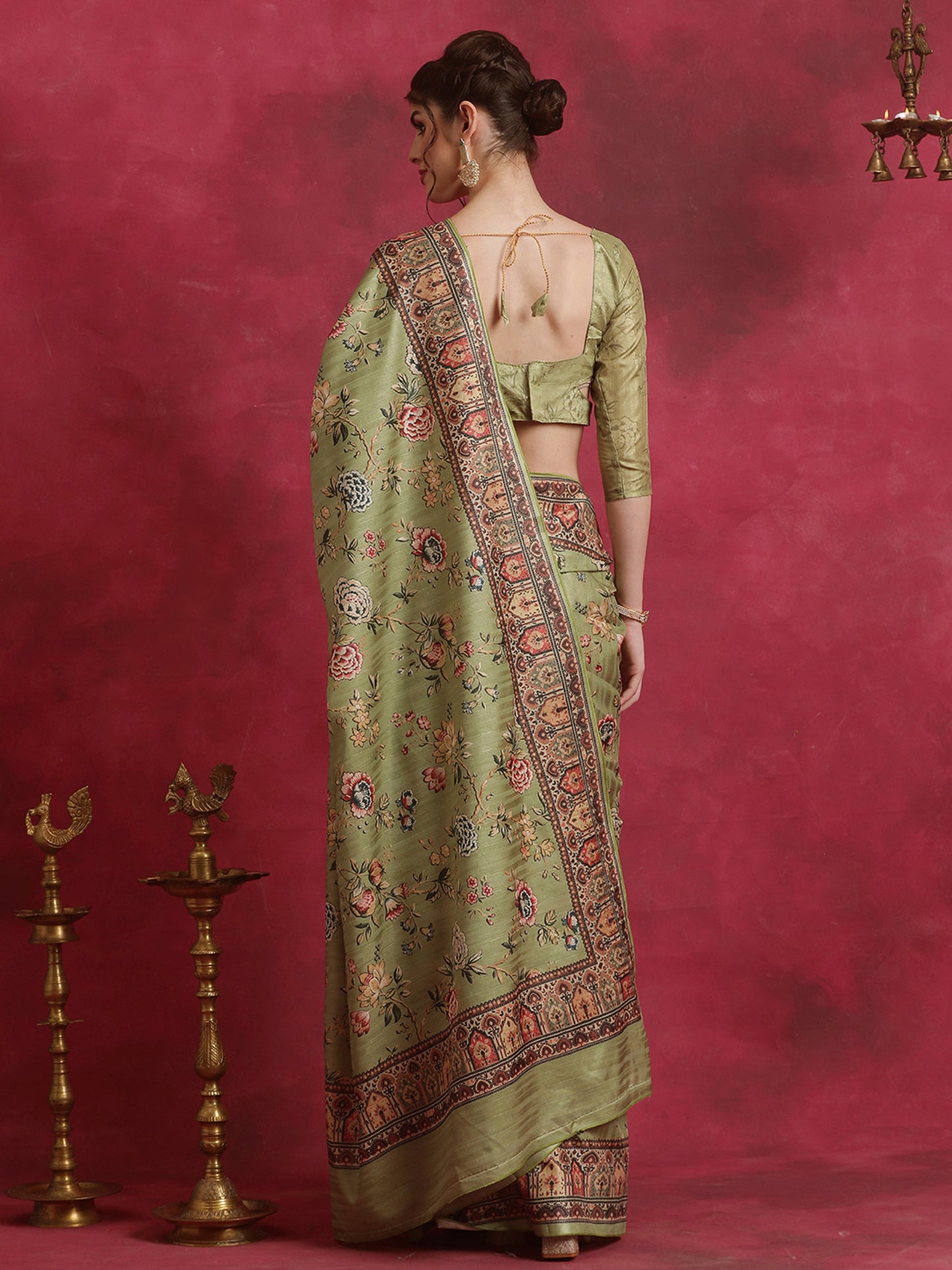 Women's Cotton Blend Olive Printed Designer Saree With Blouse Piece