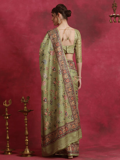 Women's Cotton Blend Olive Printed Designer Saree With Blouse Piece