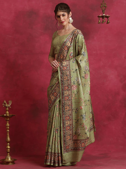 Women's Cotton Blend Olive Printed Designer Saree With Blouse Piece