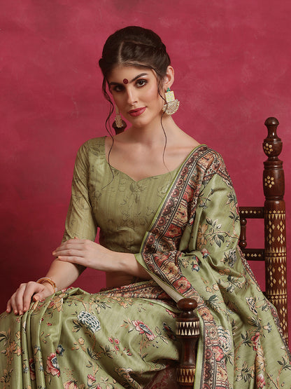 Women's Cotton Blend Olive Printed Designer Saree With Blouse Piece