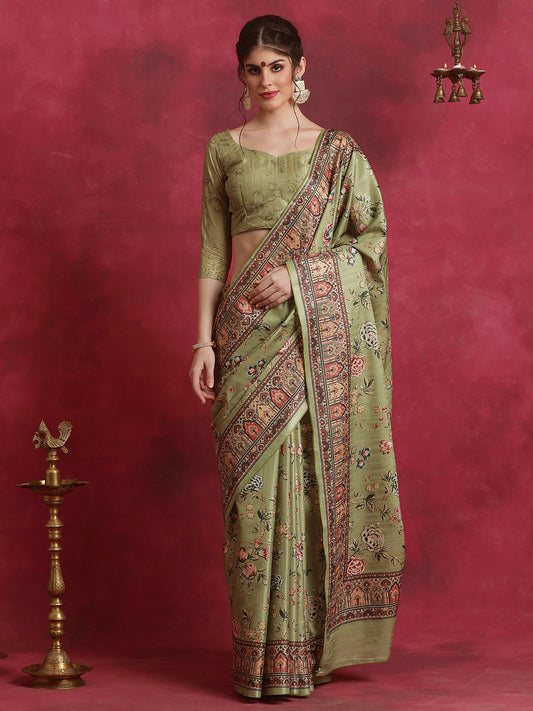 Women's Cotton Blend Olive Printed Designer Saree With Blouse Piece