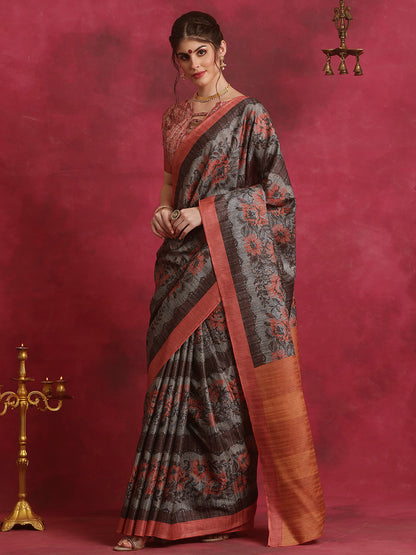 Women's Cotton Blend Grey Printed Designer Saree With Blouse Piece